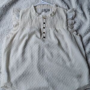 LOFT Ivory Ruffle Sleeve Swiss Dot Blouse Size Large Feminine Romantic Top